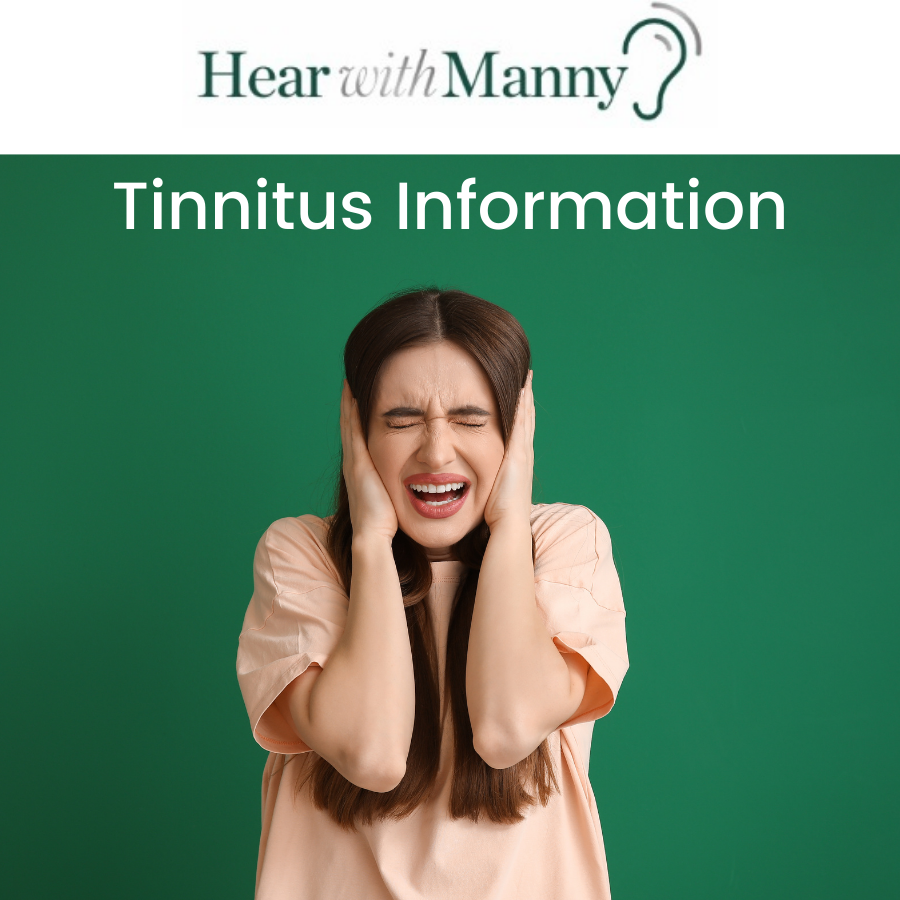 A woman holds her ears in pain with the words Tinnitus information above her.