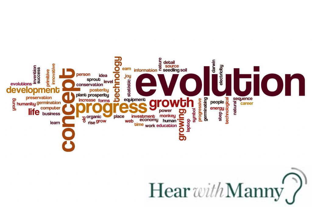 Many synonyms for evolution put together to form a shape.