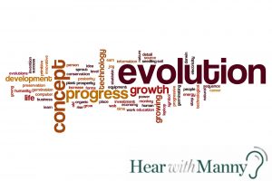 Many synonyms for evolution put together to form a shape.