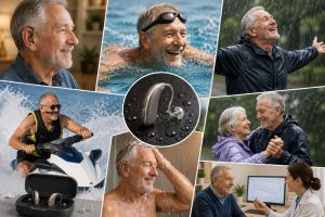 A collage of an older man wearing waterproof hearing aids while enjoying a variety of water-related activities, including swimming, riding a jet ski, standing in the rain, and showering, alongside close-up images of the hearing devices and a consultation with a hearing care professional.