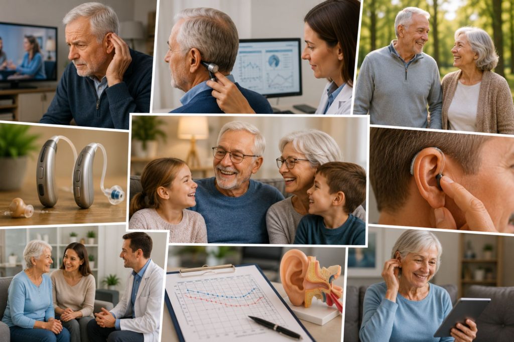 A collage highlighting the importance of regular hearing check-ups, featuring adults receiving hearing evaluations, hearing aid fittings, consultations with hearing care professionals, close-up views of modern hearing aids, family conversations, and active everyday living supported by proactive hearing healthcare.