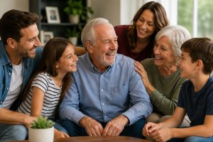 An older man wearing a modern hearing aid smiles and talks with family members in a comfortable living room, illustrating how better hearing can support communication, connection, and an active lifestyle.